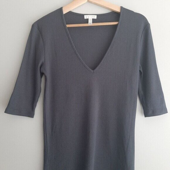 LEITH | Ribbed Fitted V-Neck Short Sleeve T-Shirt Gray Tee Sz S - Picture 2 of 10